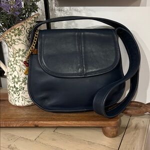 Coach Dark Blue Leather Shoulder Bag with Gold Accents